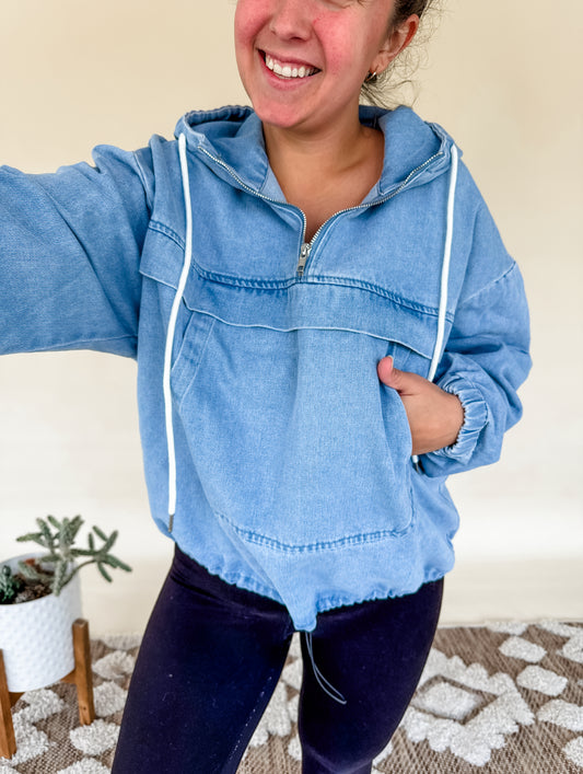 Vintage Washed Denim Hoodie by Top Notch