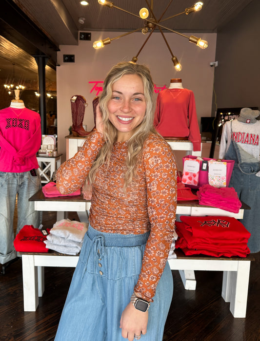 Pumpkin Floral Cinched Top