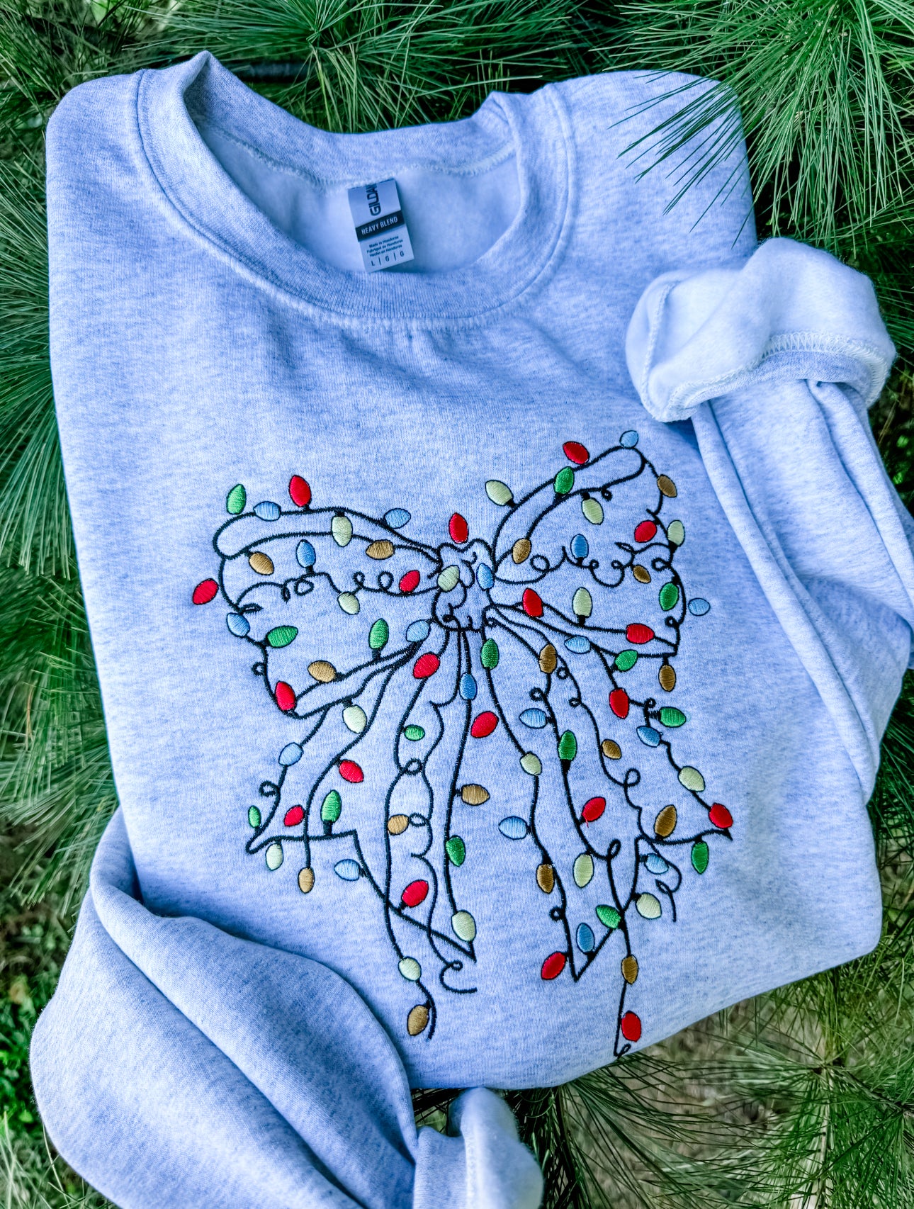 Christmas Lights Bow Embroidered Crew