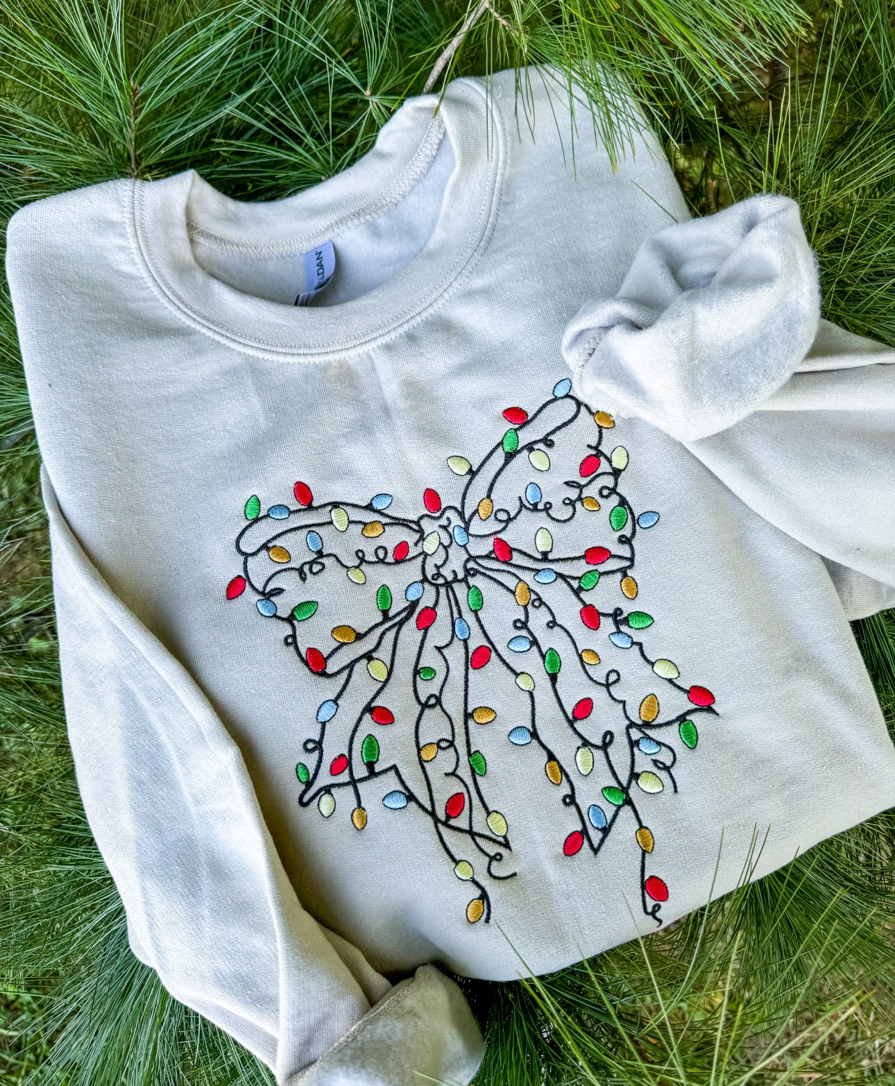 Christmas Lights Bow Embroidered Crew