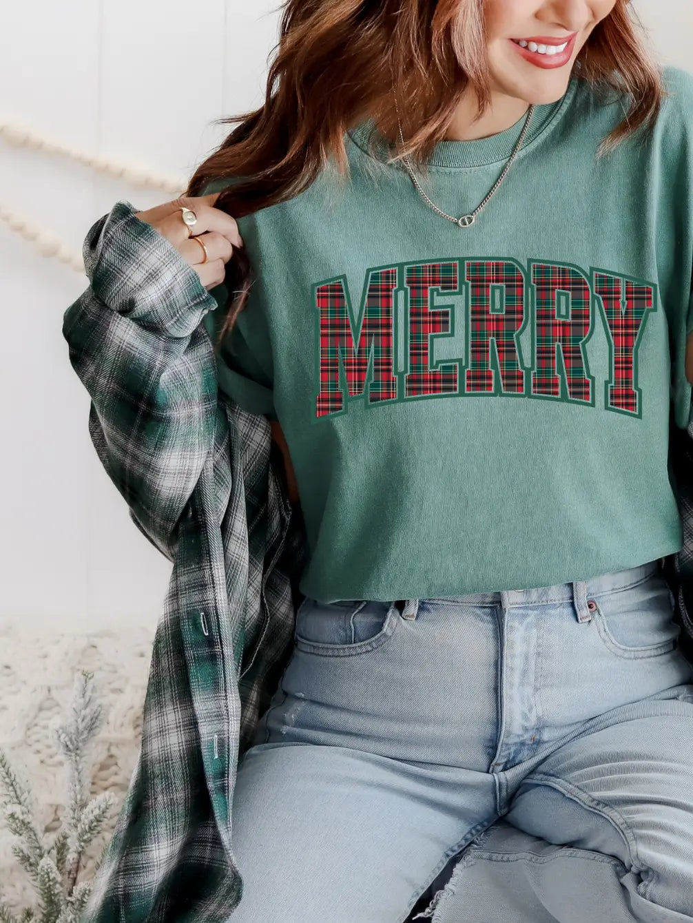 Plaid Merry Graphic Tee/Crew