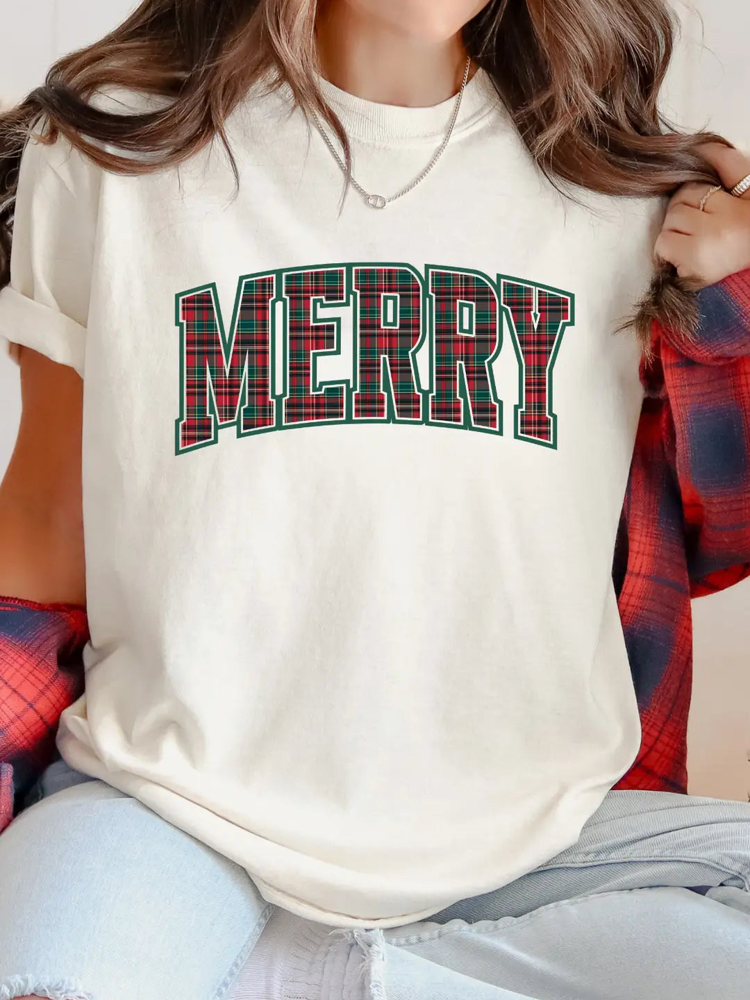 Plaid Merry Graphic Tee/Crew