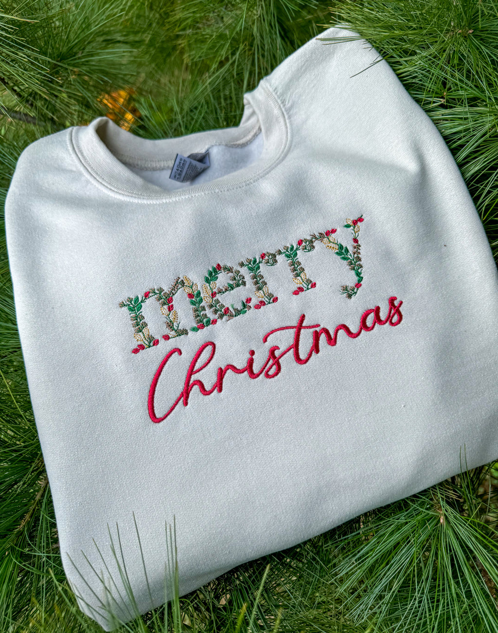 Floral Embroidery Merry Christmas Crew