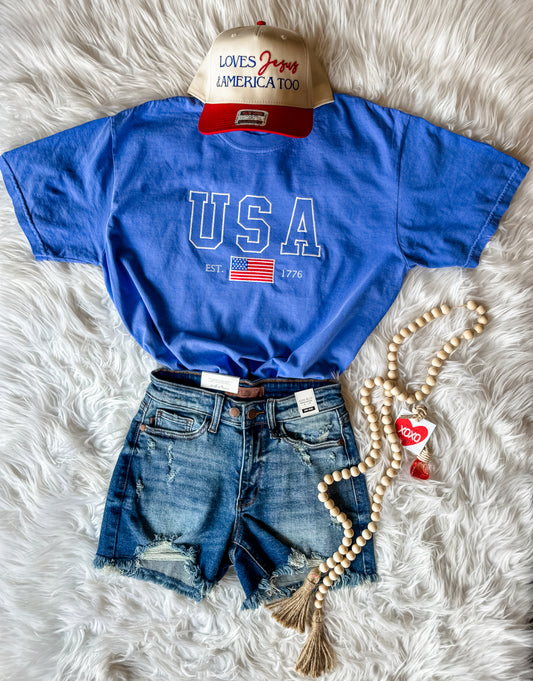 USA Flag Embroidered T Shirt