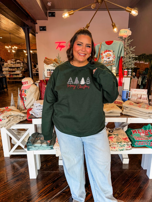 Merry Christmas Trees Embroidered Crew