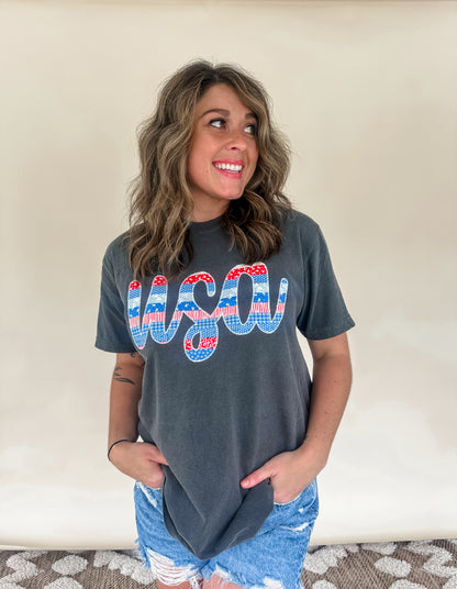 Cursive USA Embroidered Tee