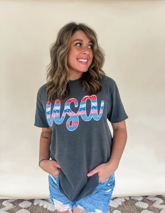 Cursive USA Embroidered Tee