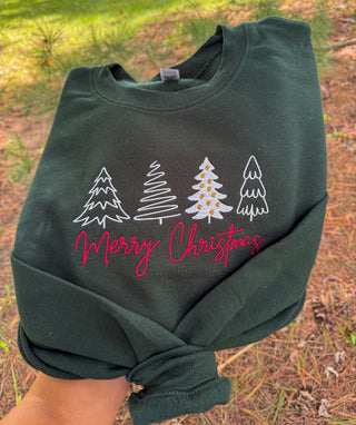 Merry Christmas Trees Embroidered Crew