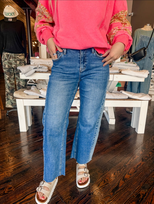 Cropped Barrel Two Tone Jeans