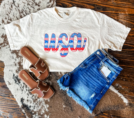 Cursive USA Embroidered Tee