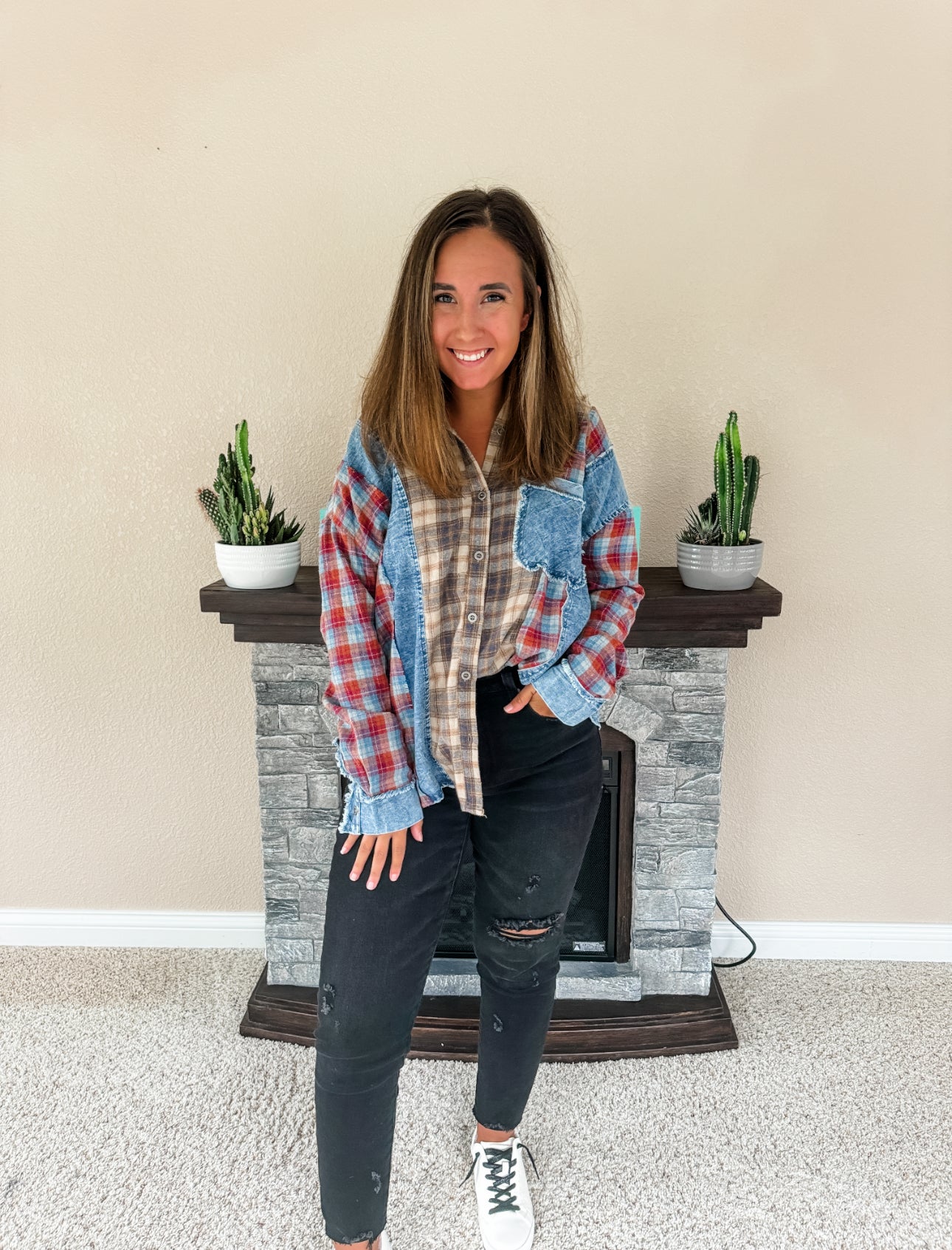 Mixed Plaid Button Down