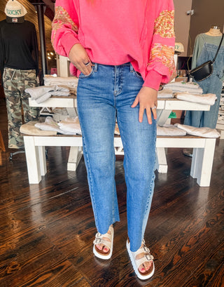 Cropped Barrel Two Tone Jeans