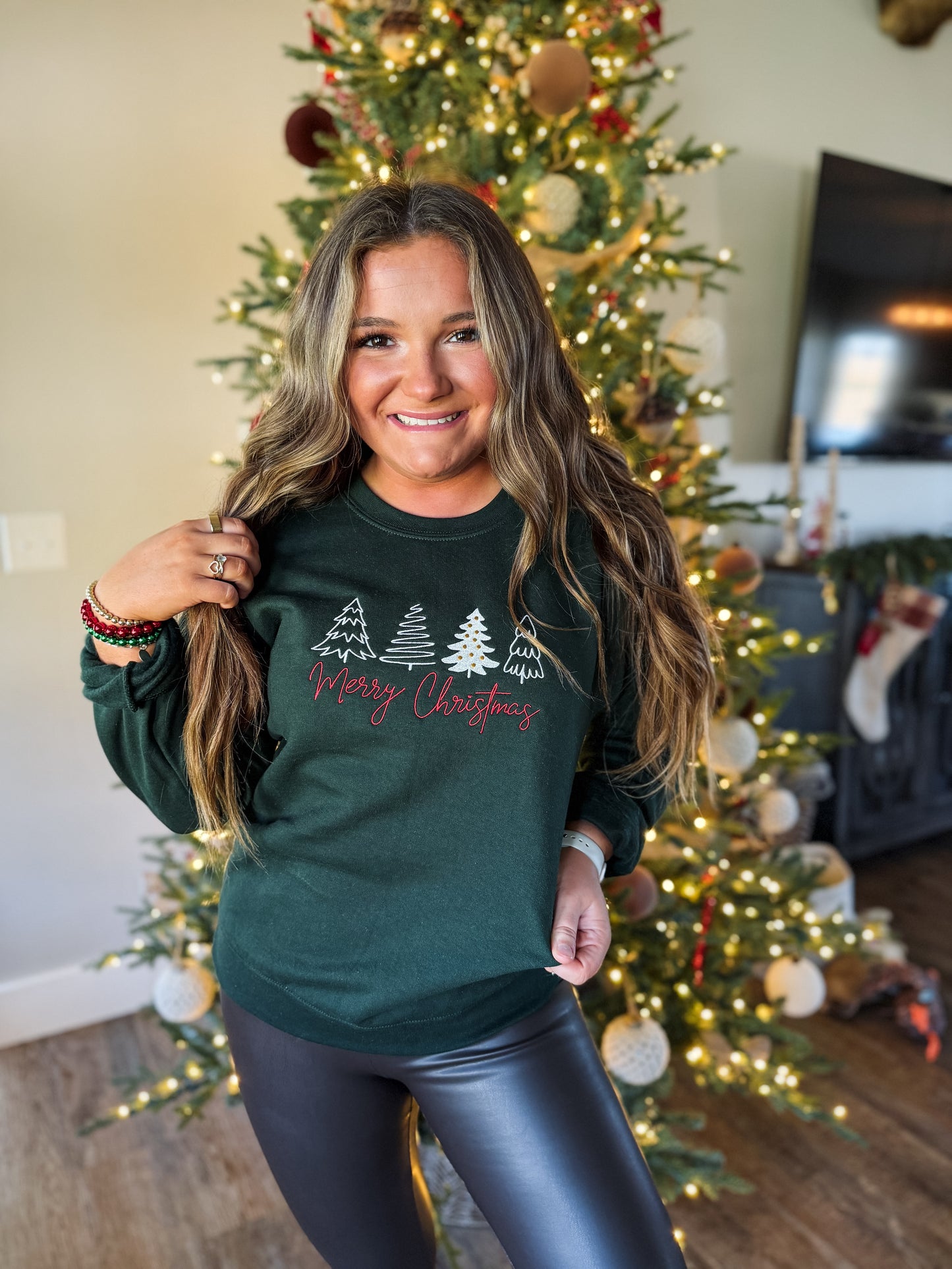 Merry Christmas Trees Embroidered Crew