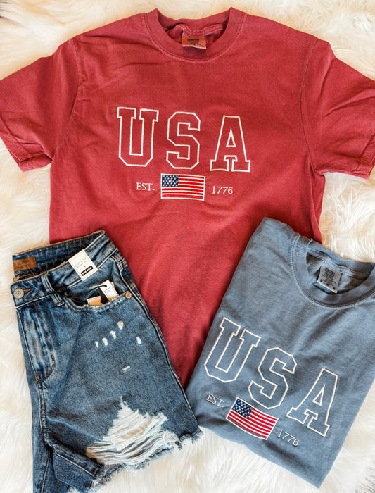 USA Flag Embroidered T Shirt