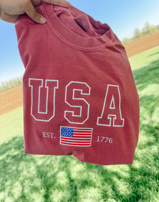 USA Flag Embroidered T Shirt