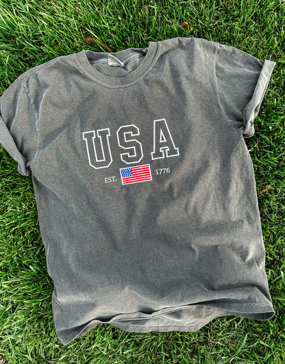 USA Flag Embroidered T Shirt