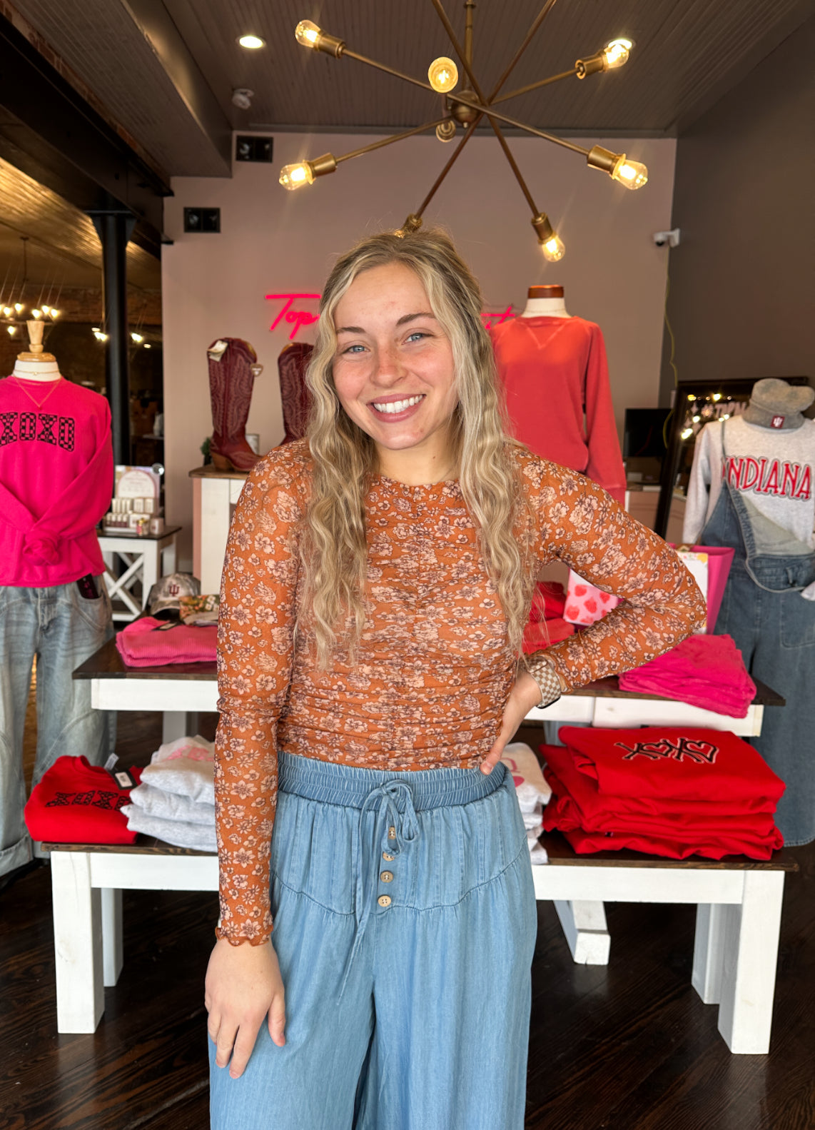 Pumpkin Floral Cinched Top