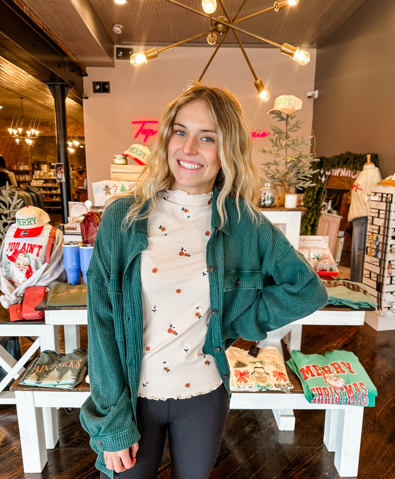 Floral Neck Ribbed Top